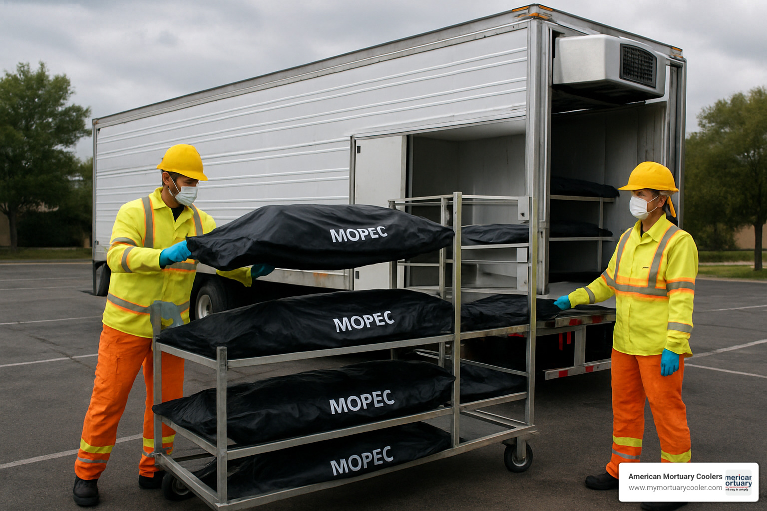 mobile morgue trailer setup for disaster response - mopec body bags