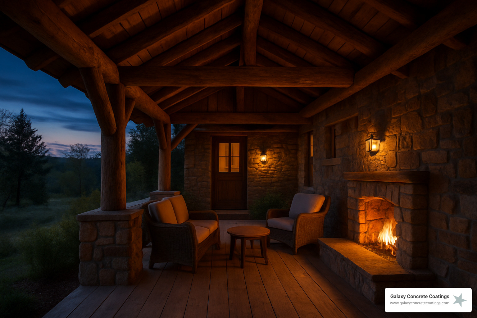 Rustic porch with fire feature at dusk - covered front porch ideas Rustic porch with fire feature at dusk - covered front porch ideas