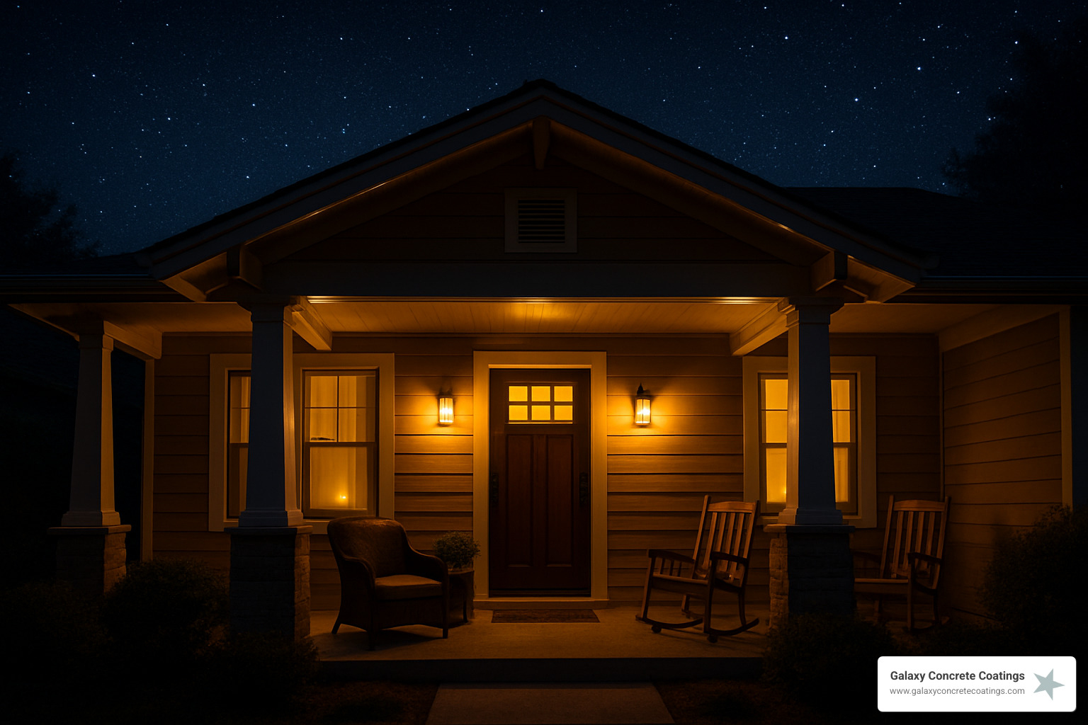 Night view of beautifully lit covered porch with star-filled sky - covered front porch ideas Night view of beautifully lit covered porch with star-filled sky - covered front porch ideas