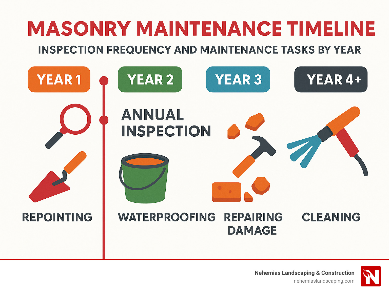 Masonry maintenance timeline showing inspection frequency and maintenance tasks by year - mason contractor infographic