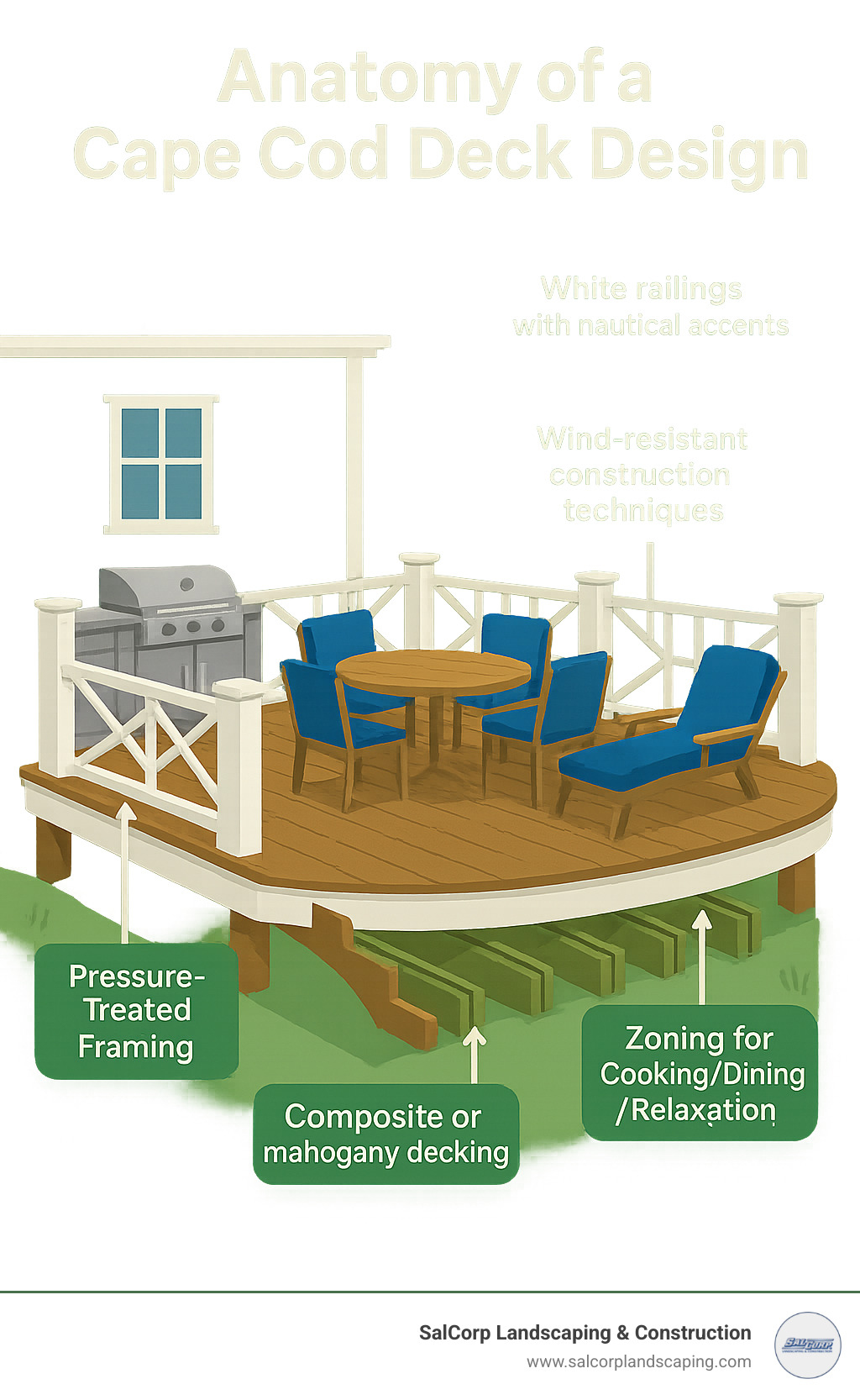 Anatomy of a Cape Cod deck design showing key elements: pressure-treated framing, composite or mahogany decking, white railings with nautical accents, wind-resistant construction techniques, and zoning for cooking/dining/relaxation - Cape Cod deck design infographic 