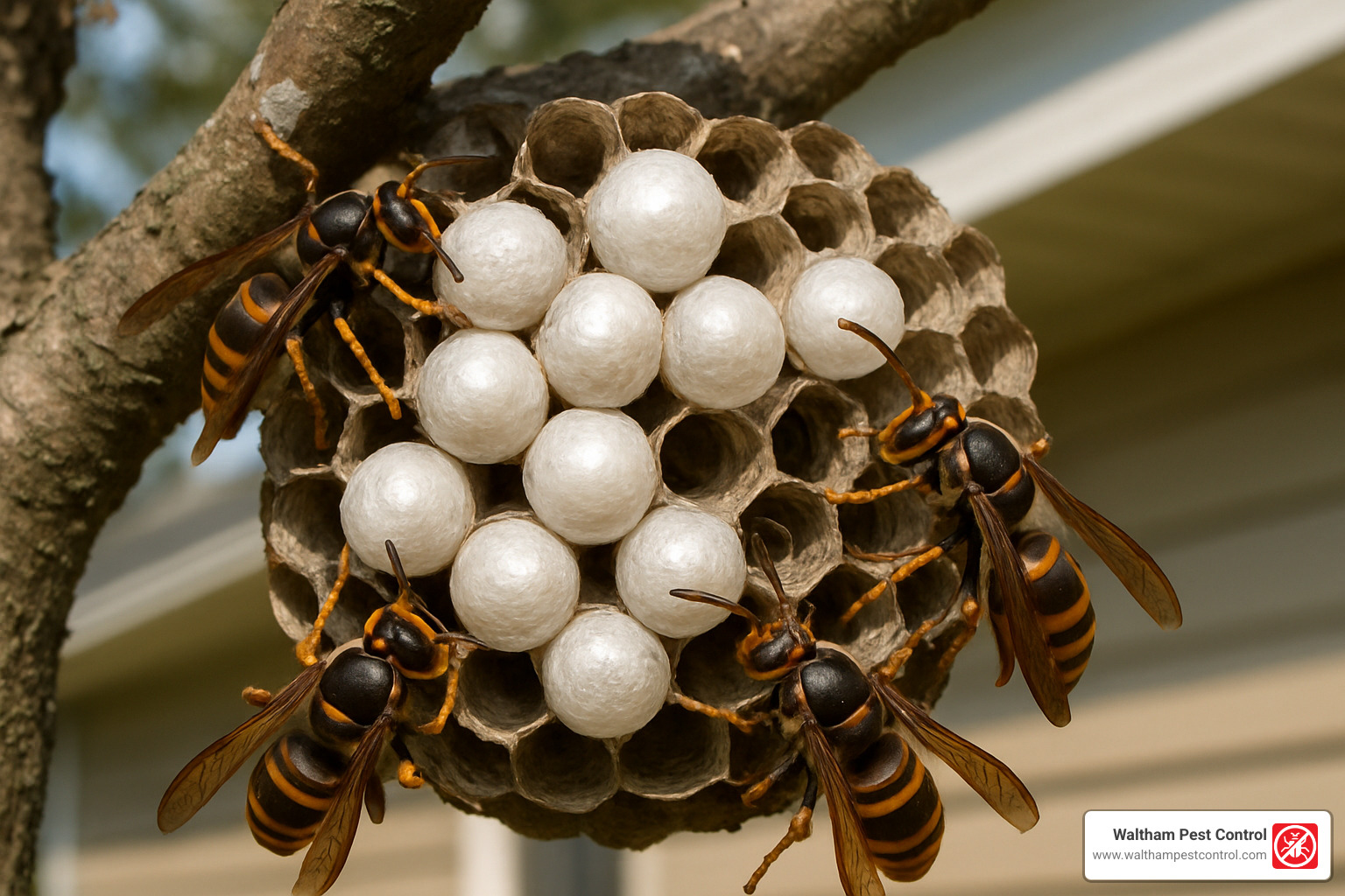 Hornet nest with visible silk-capped pupal cells - baby hornets