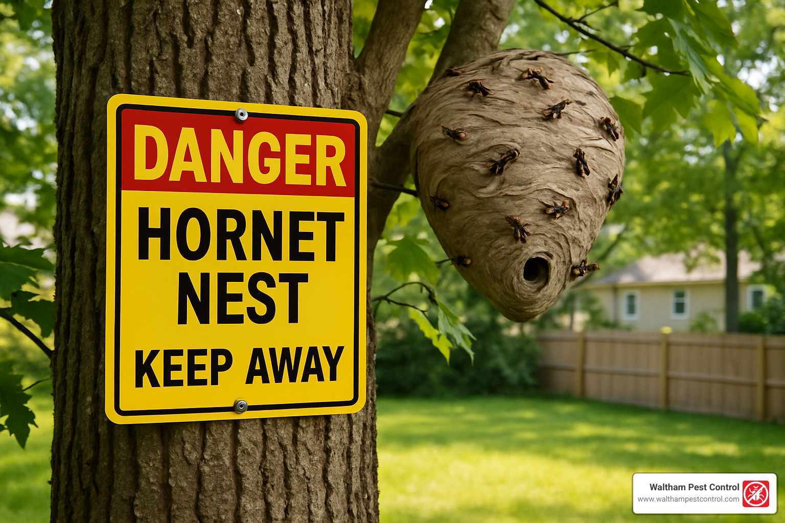 Warning sign showing hornet nest danger zone - baby hornets