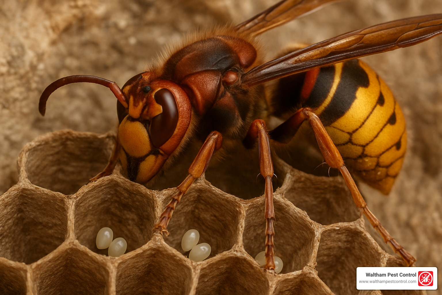 Hornet queen tending to eggs in nest cells - baby hornets