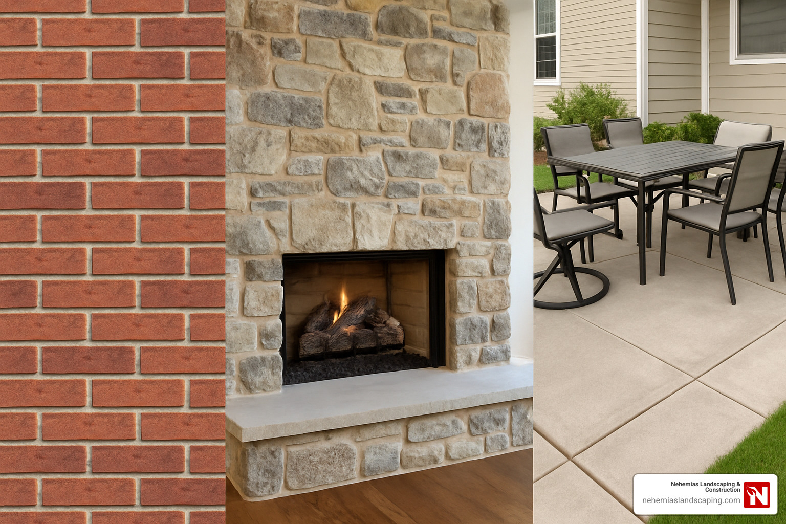 diverse masonry projects showing brick wall, stone fireplace, and concrete patio - mason contractor