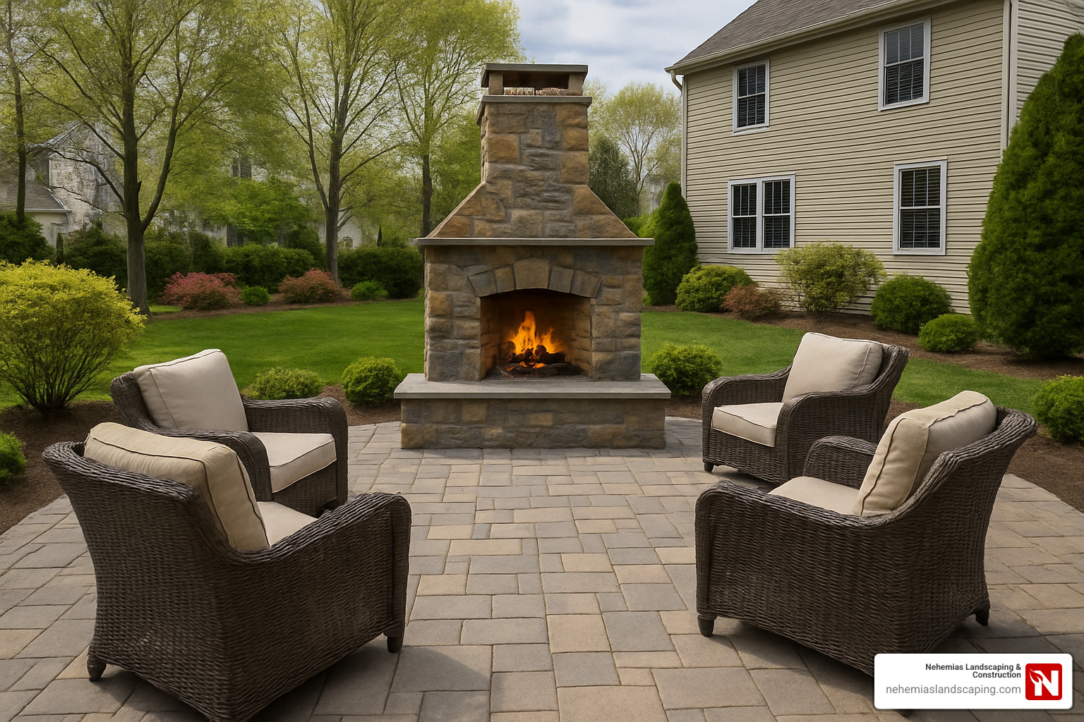 finished stone patio with outdoor fireplace - mason contractor