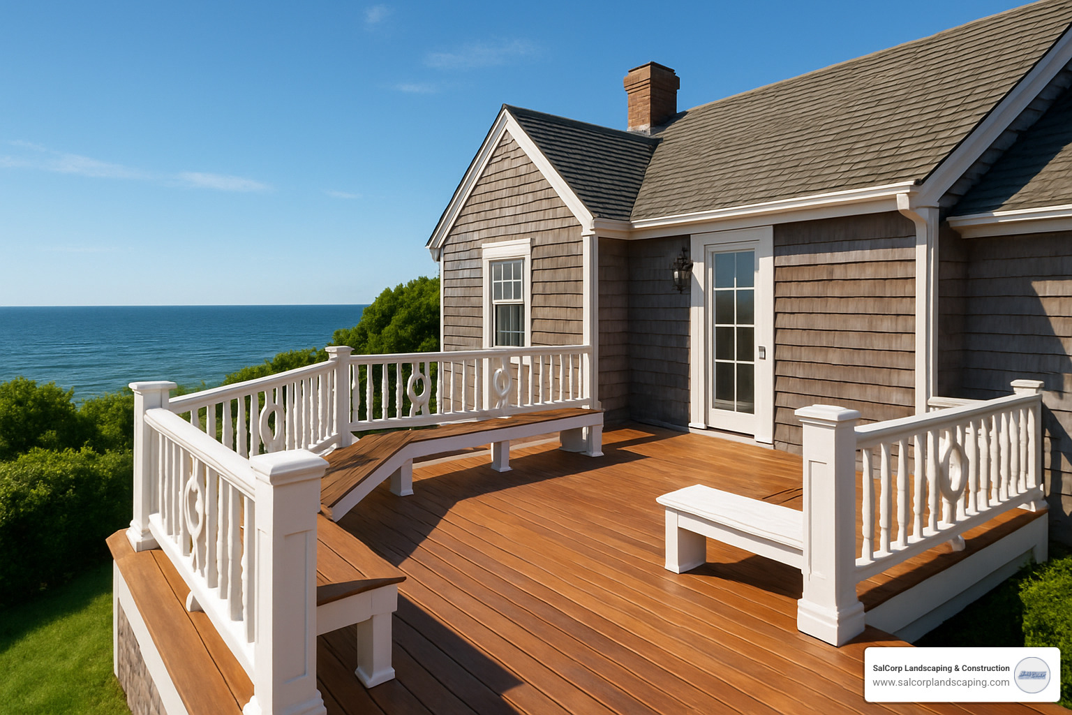 Classic Cape Cod wraparound deck with white railings - Cape Cod deck design