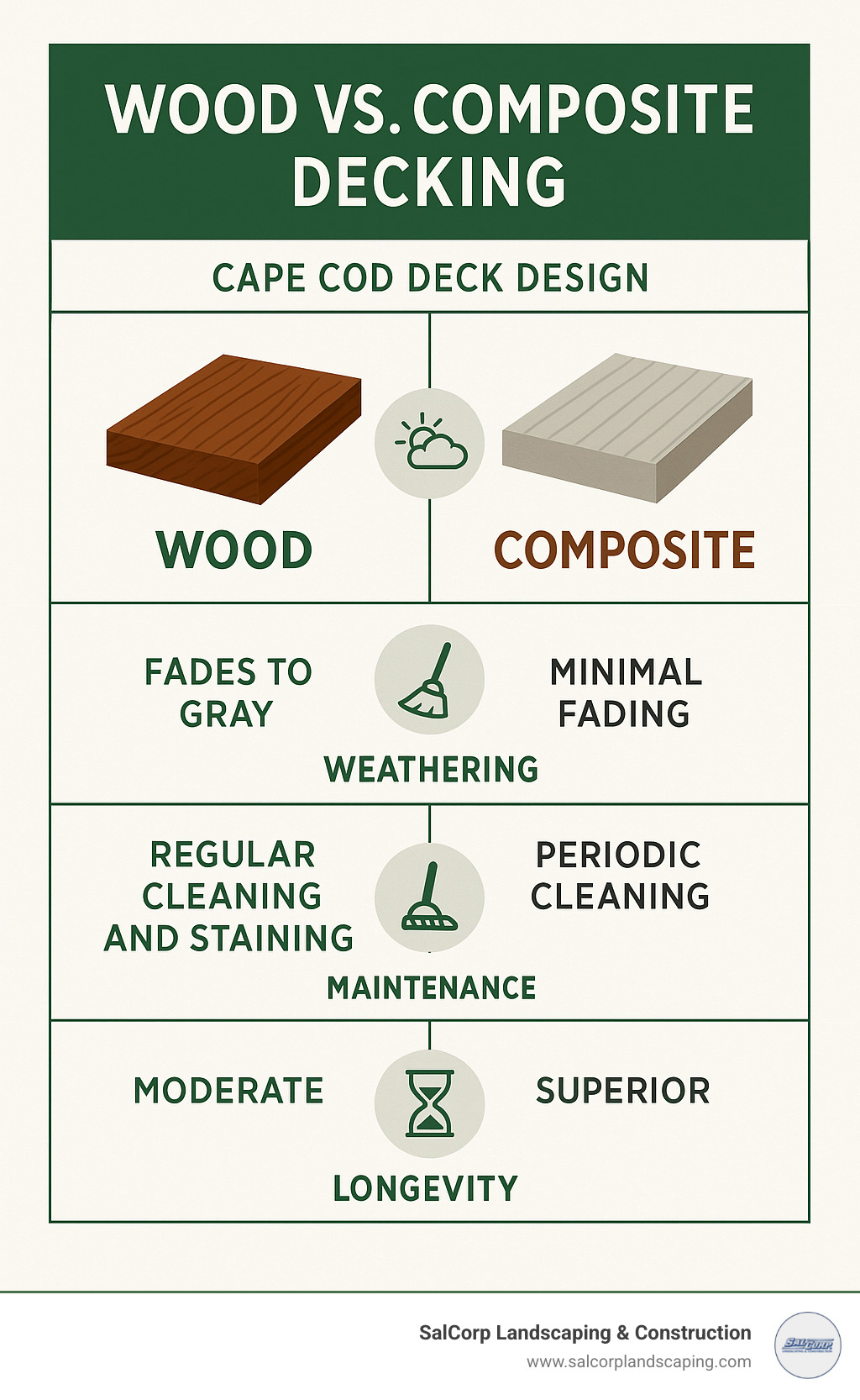 Comparison of wood and composite decking materials showing weathering, maintenance, and longevity - Cape Cod deck design infographic 