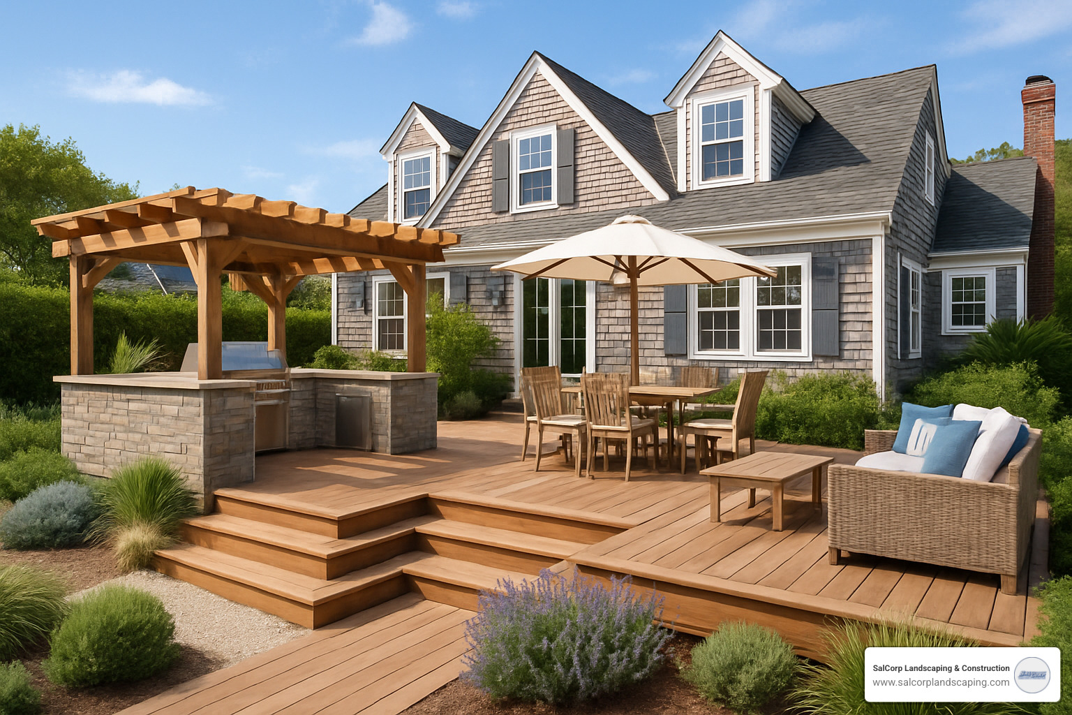 Multi-level deck with pergola and outdoor kitchen - Cape Cod deck design