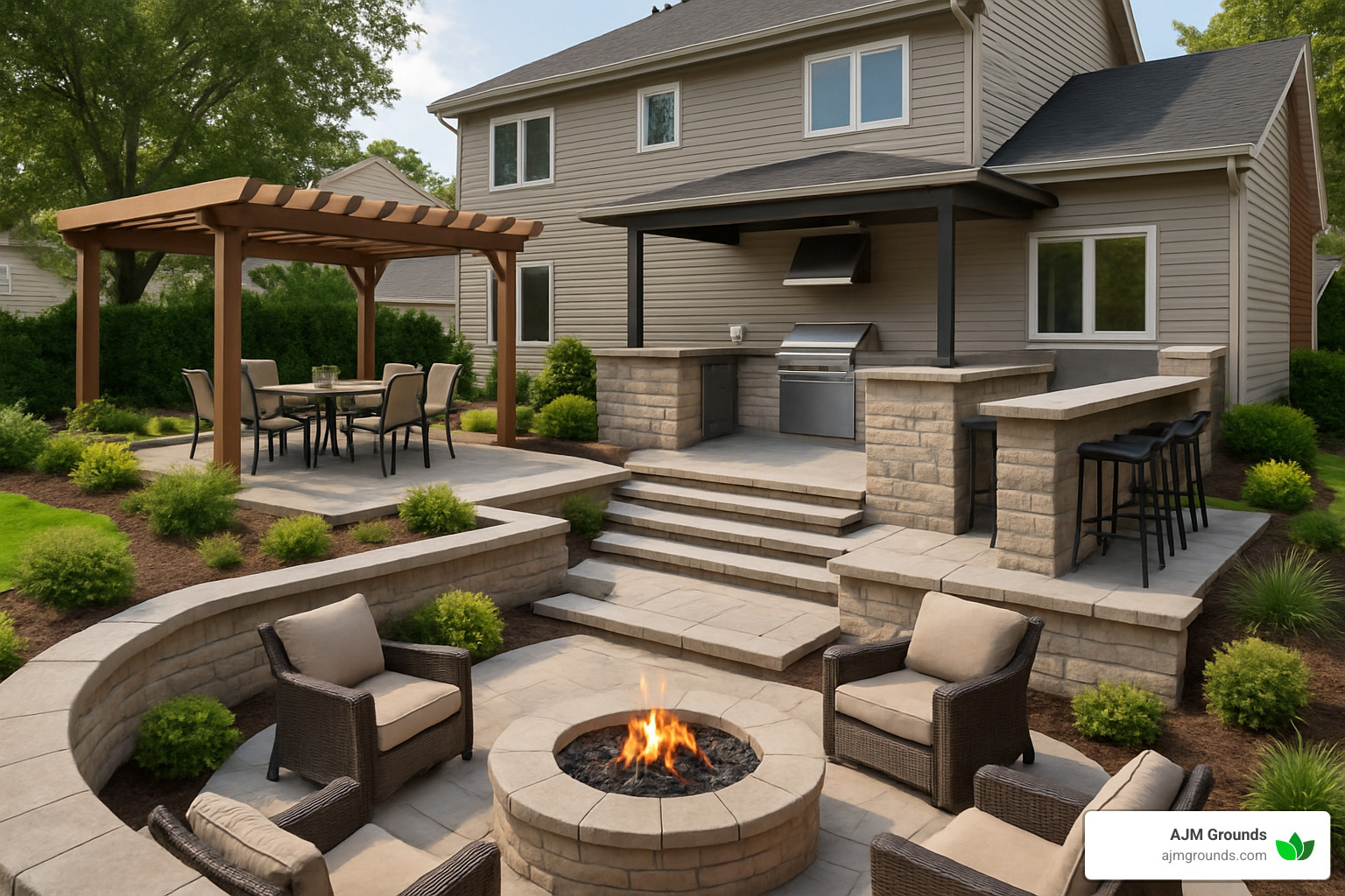 multi-level patio with outdoor kitchen - hardscape patio designs