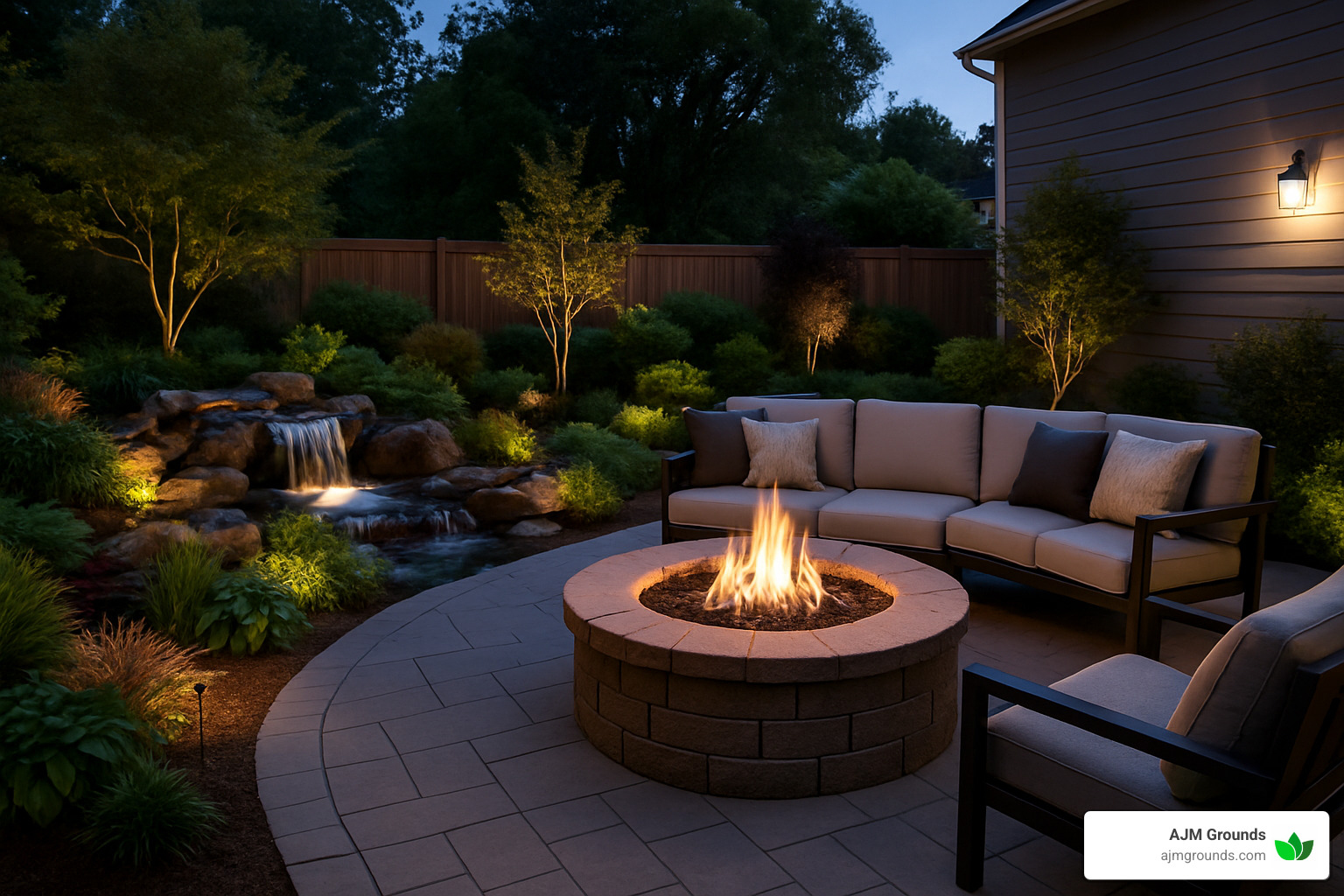 fire pit patio with water feature - hardscape patio designs