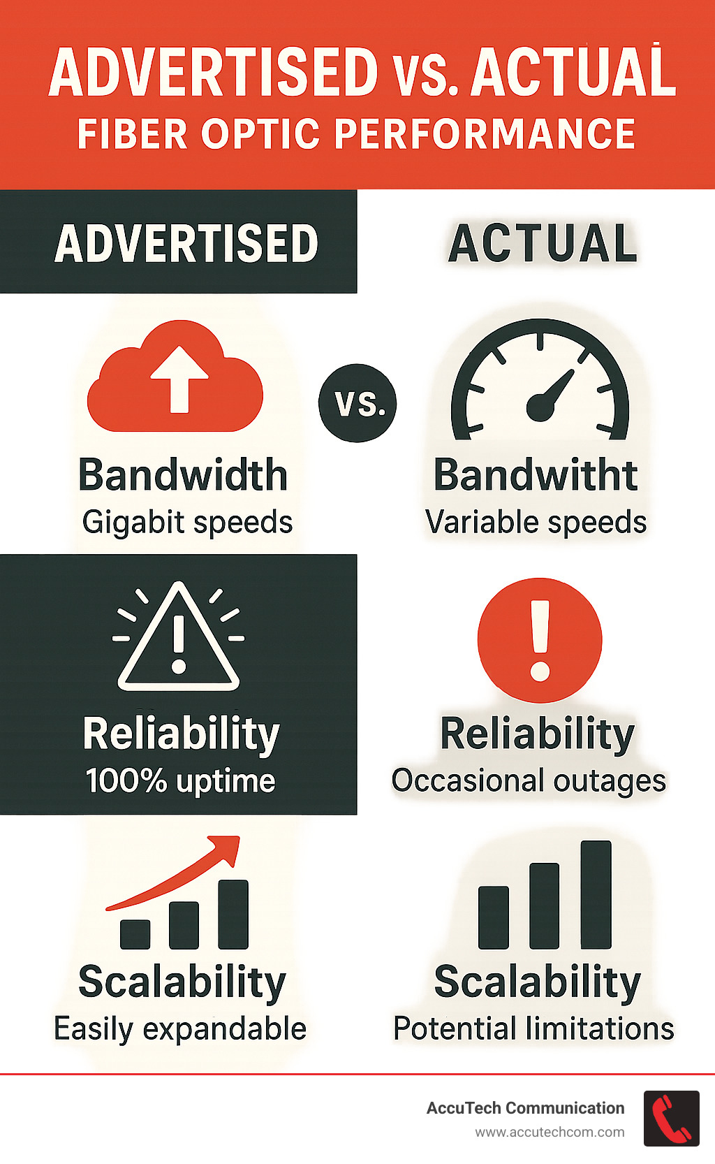 comparison of advertised versus actual fiber optic performance - Fiber Optic commercial infographic 