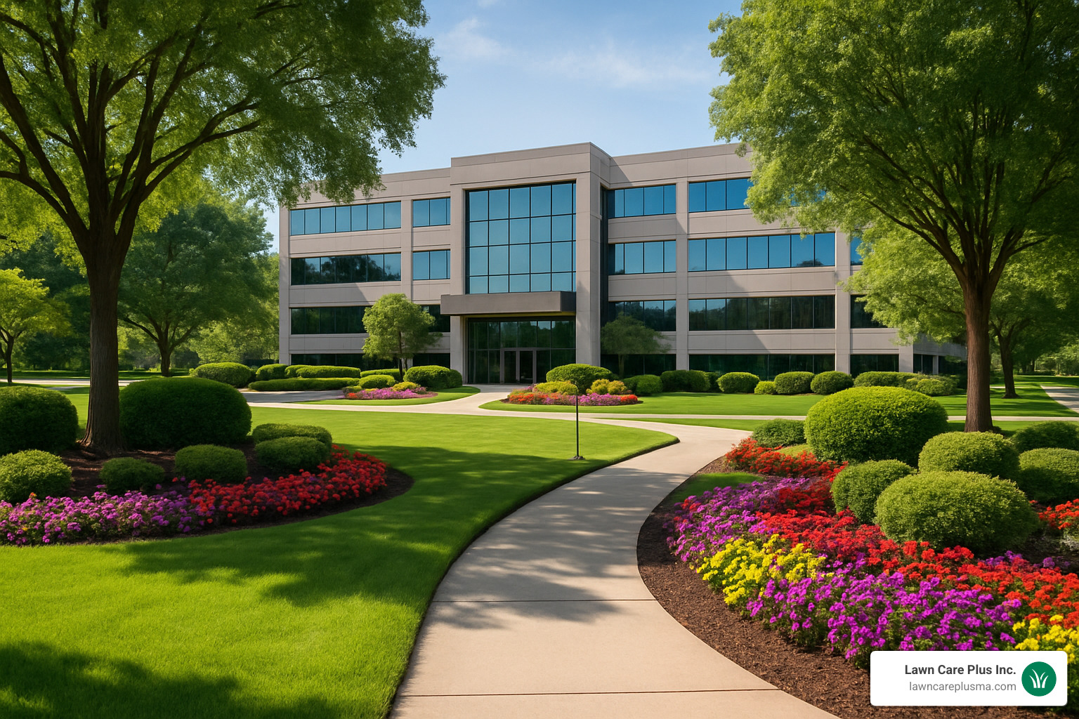 Beautifully maintained commercial office park entrance - commercial landscaping maintenance