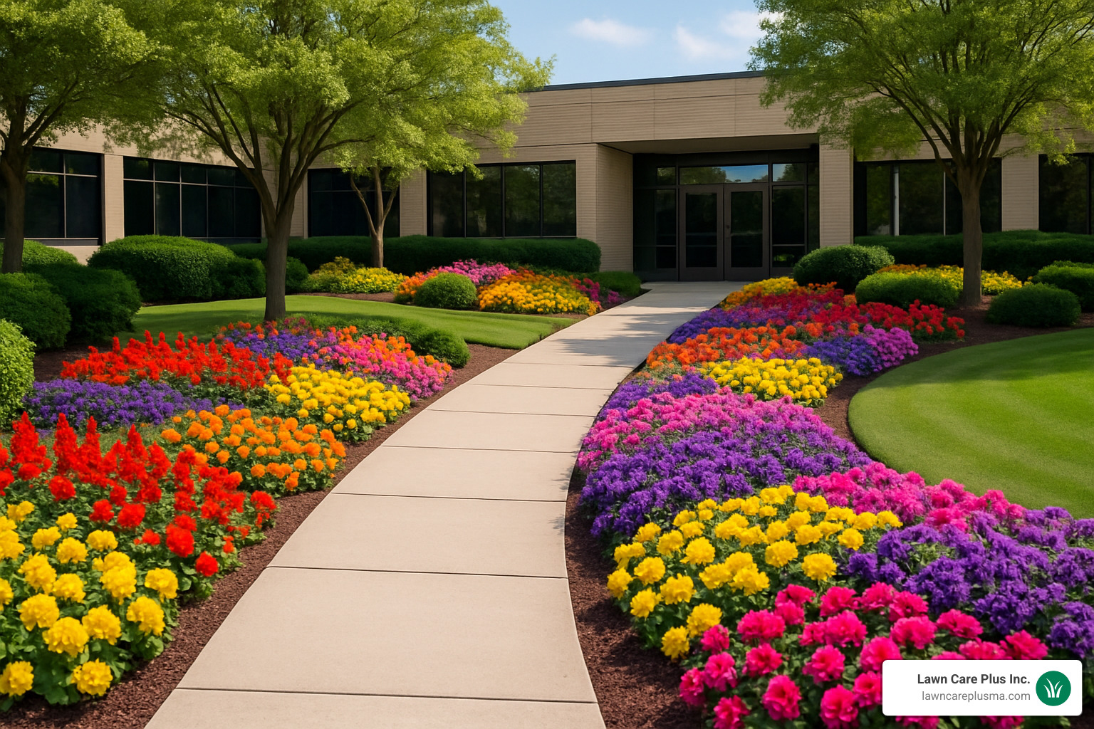 Seasonal flower rotation at commercial property entrance - commercial landscaping maintenance