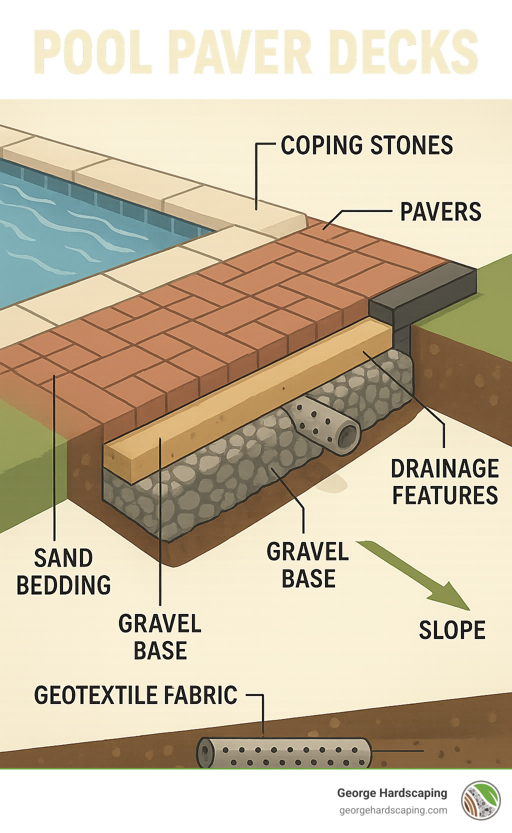 Detailed infographic showing pool paver deck anatomy with labeled layers including pavers, sand bedding, gravel base, geotextile fabric, compacted soil, and drainage features, plus callouts for coping stones, edge restraints, and slope requirements - Pool Paver Decks infographic 
