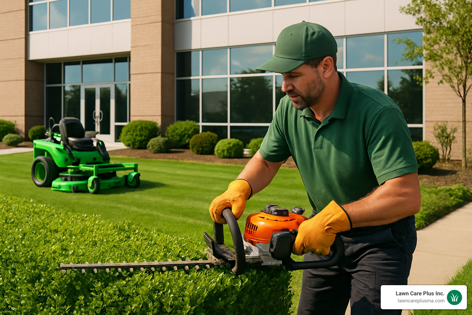 Landscape technician using mobile app to document service completion - commercial landscaping maintenance