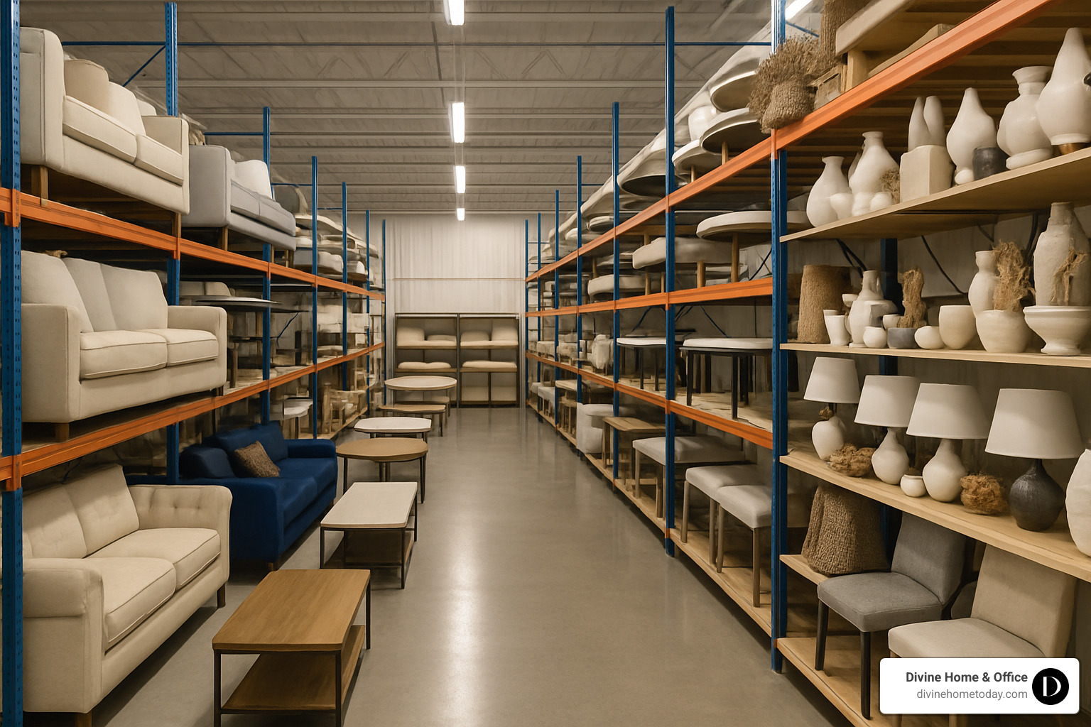 Organized home staging warehouse with furniture and accessories - Home staging professionals