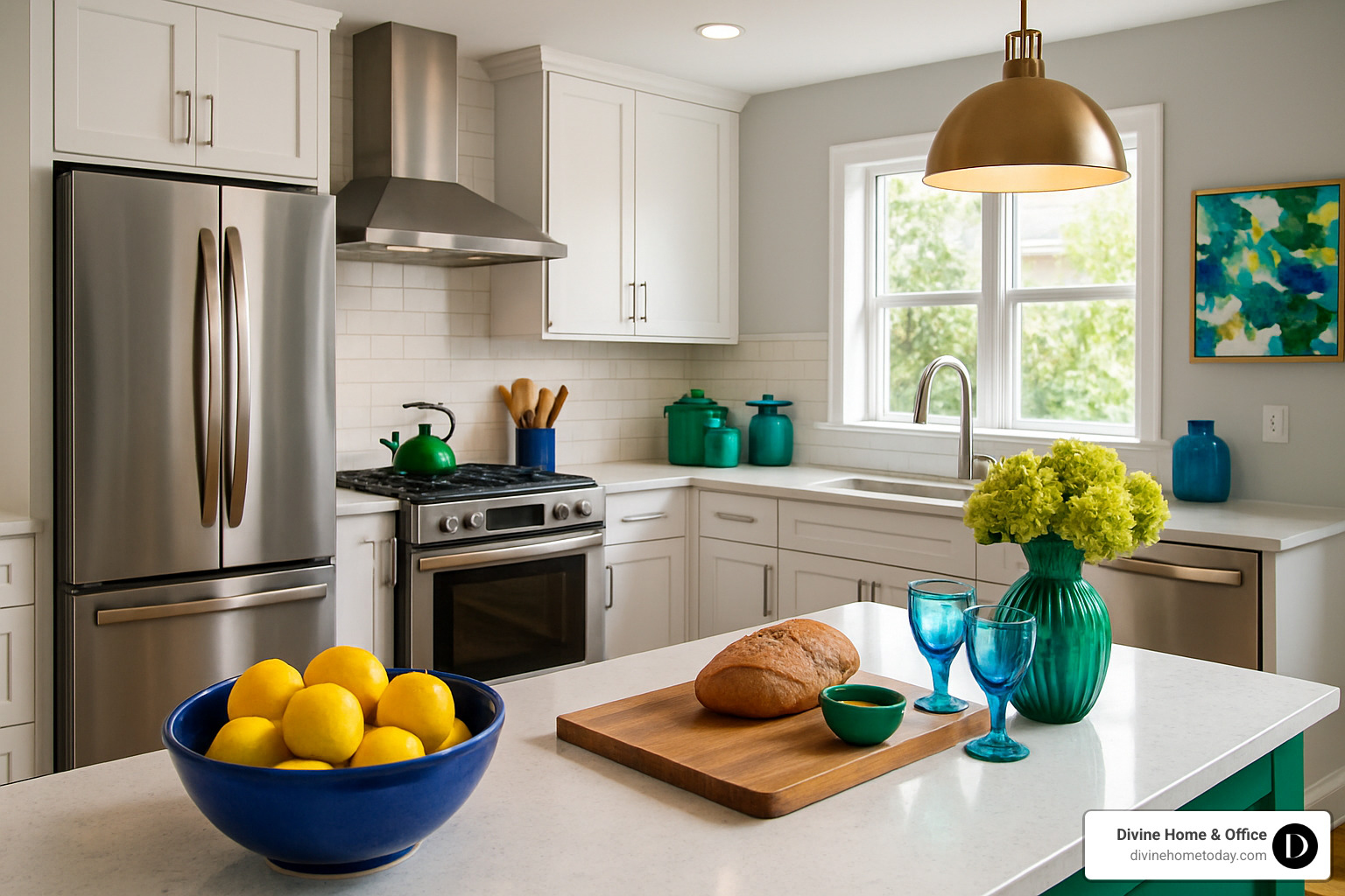Vibrant staged kitchen with bold color accents - Home staging professionals
