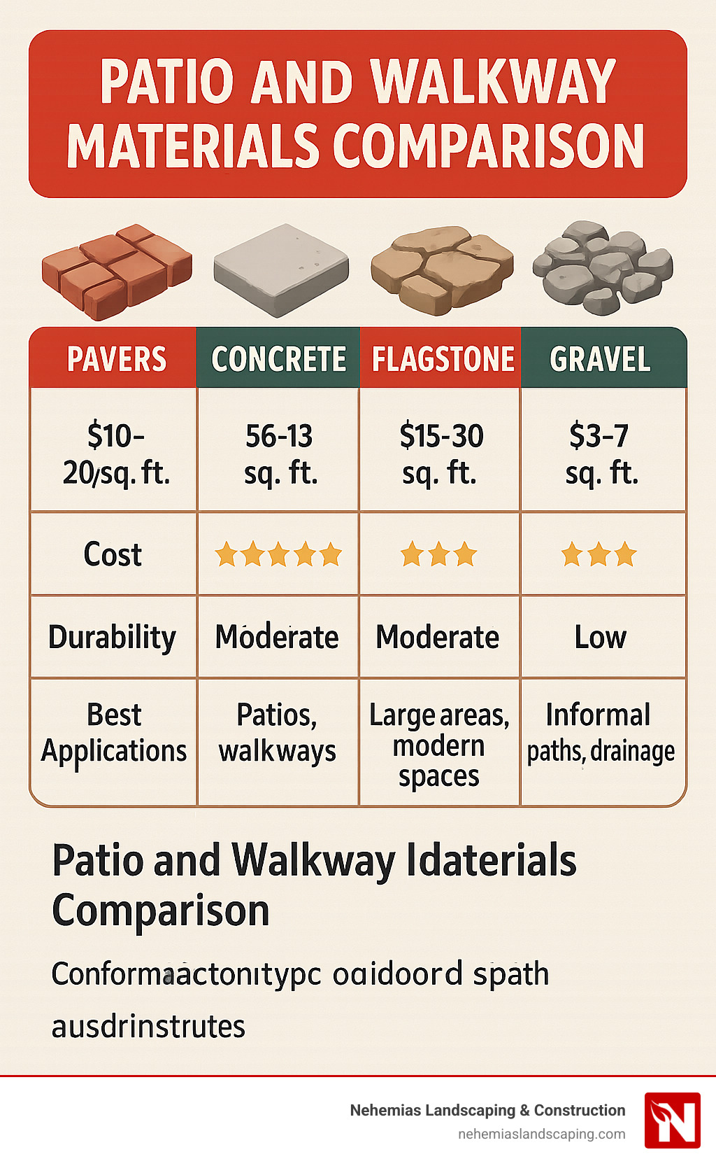 Patio and Walkway Materials Comparison showing different materials (pavers, concrete, flagstone, gravel) with their costs, durability ratings, maintenance needs, and best applications - Patio and walkway ideas infographic