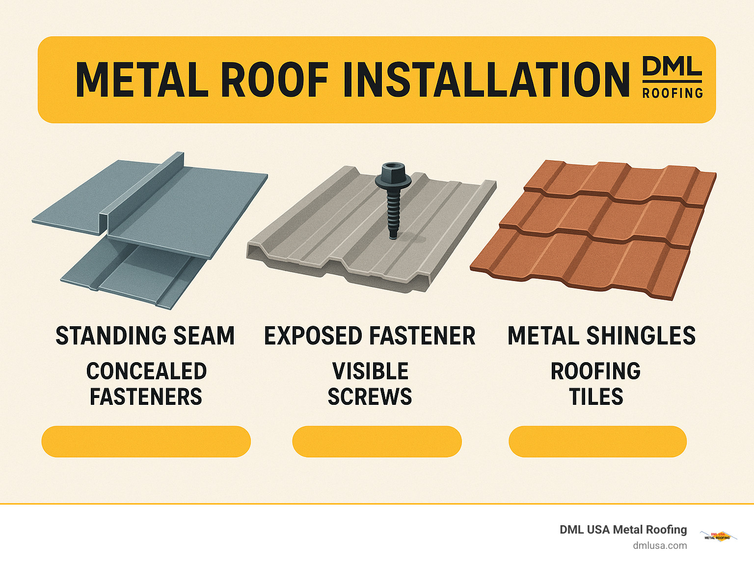 Metal roof installation showing fastening methods - Residential metal roof types infographic 