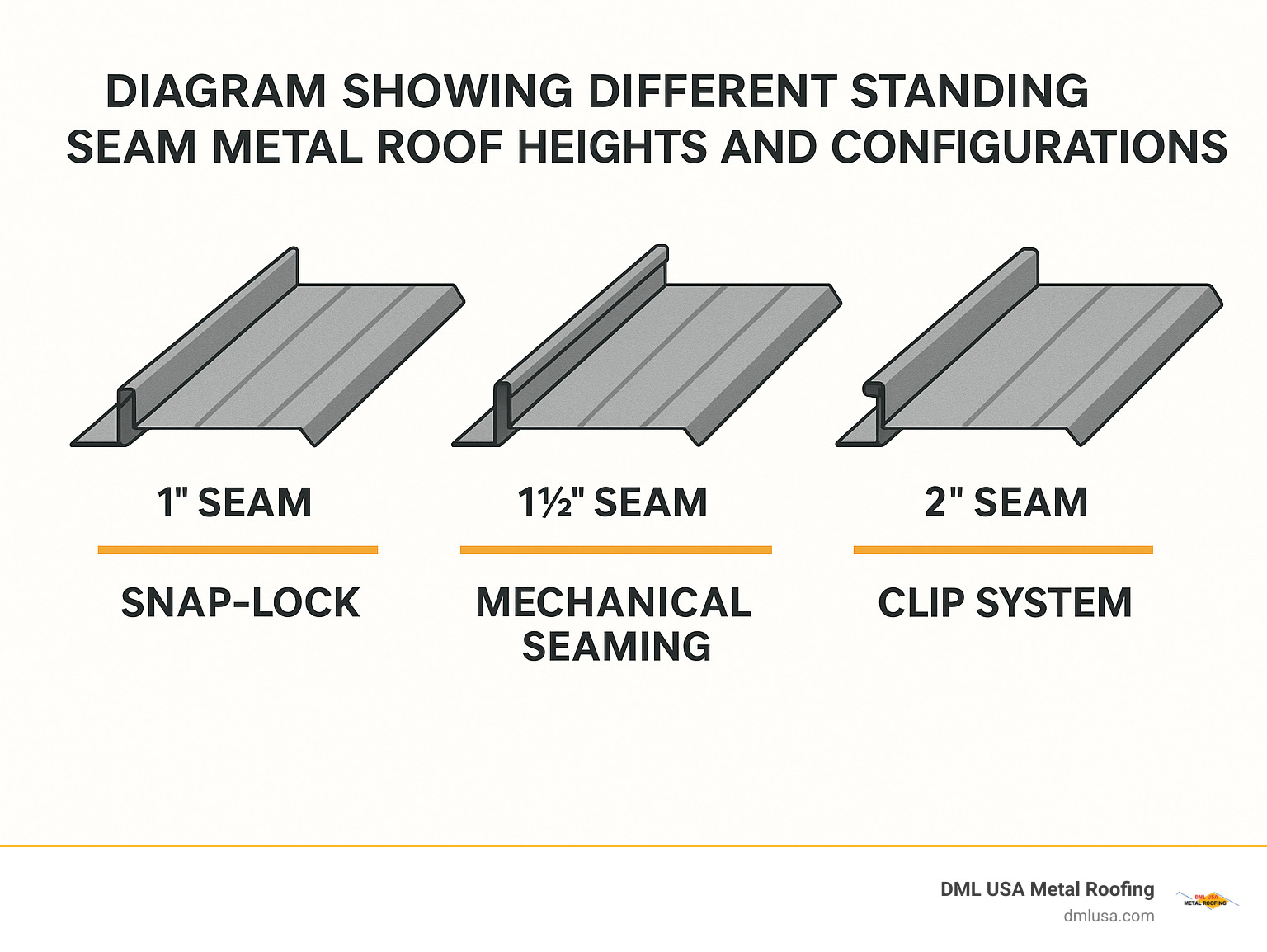 Diagram showing different standing seam metal roof heights and configurations - Residential metal roof types infographic 