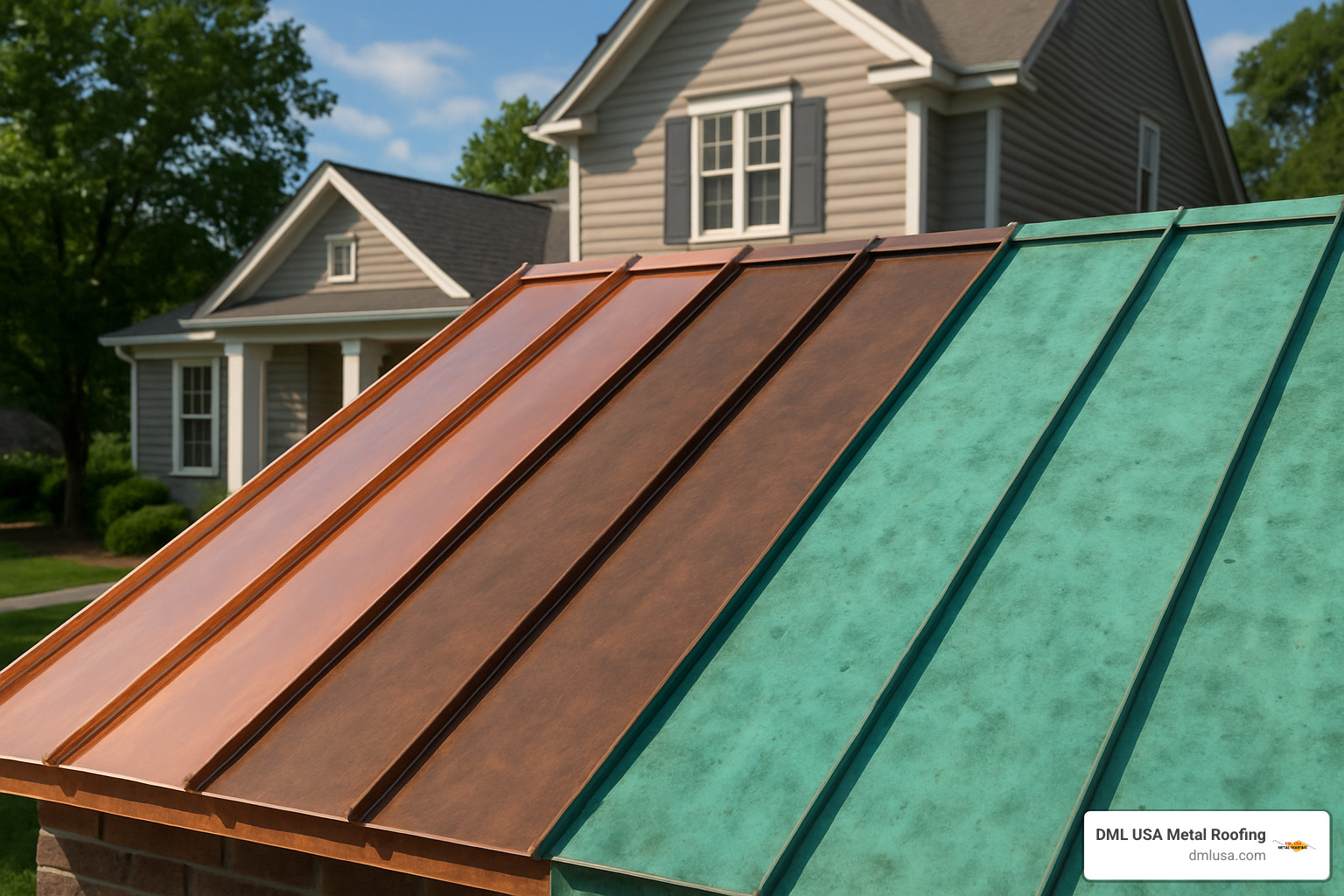 Copper roof showing stages of patina development - Residential metal roof types
