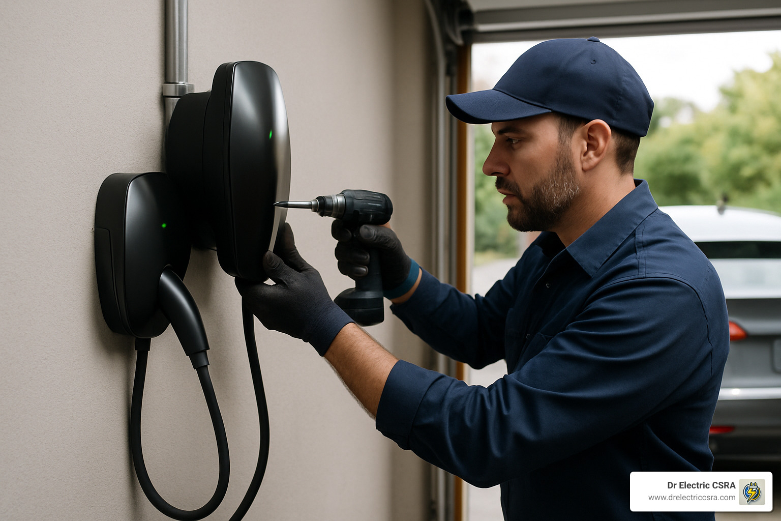 Electric vehicle charger installation in garage, technician using drill on charger unit, Dr. Electric CSRA branding visible.
