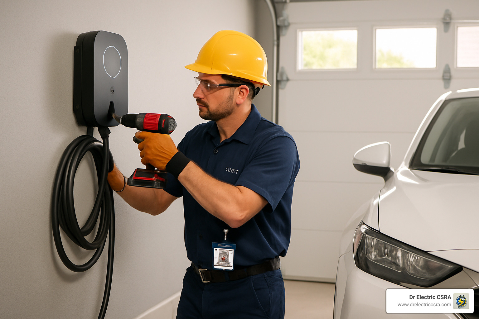 Electrician installing a hardwired EV charger on a garage wall, emphasizing safety and compliance in electric vehicle charging solutions.