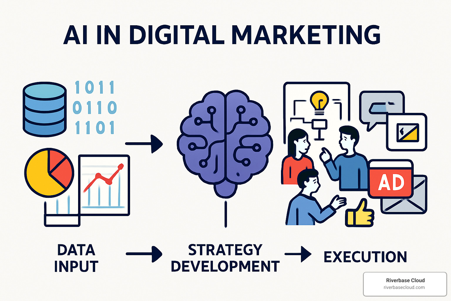 AI marketing workflow showing data input, analysis, strategy development, and execution - how to use ai in digital marketing