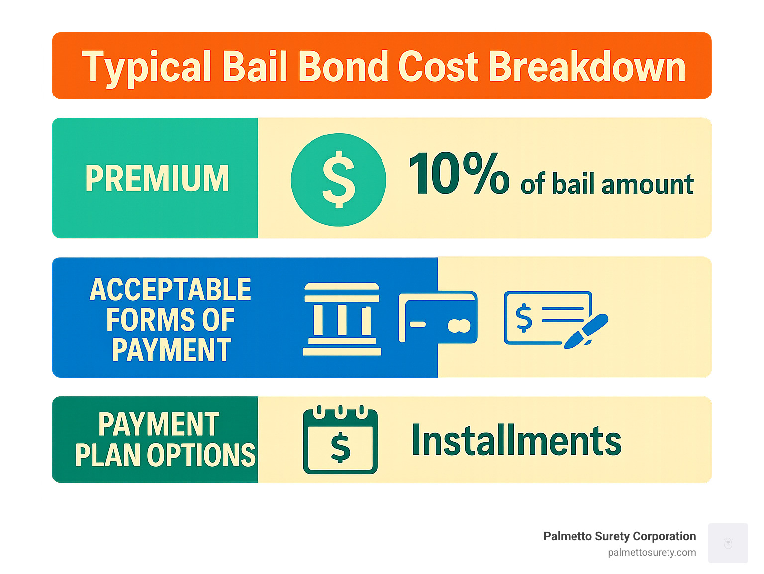 Typical bail bond cost breakdown showing premium, acceptable forms of payment, and payment plan options - bail bond company near me infographic