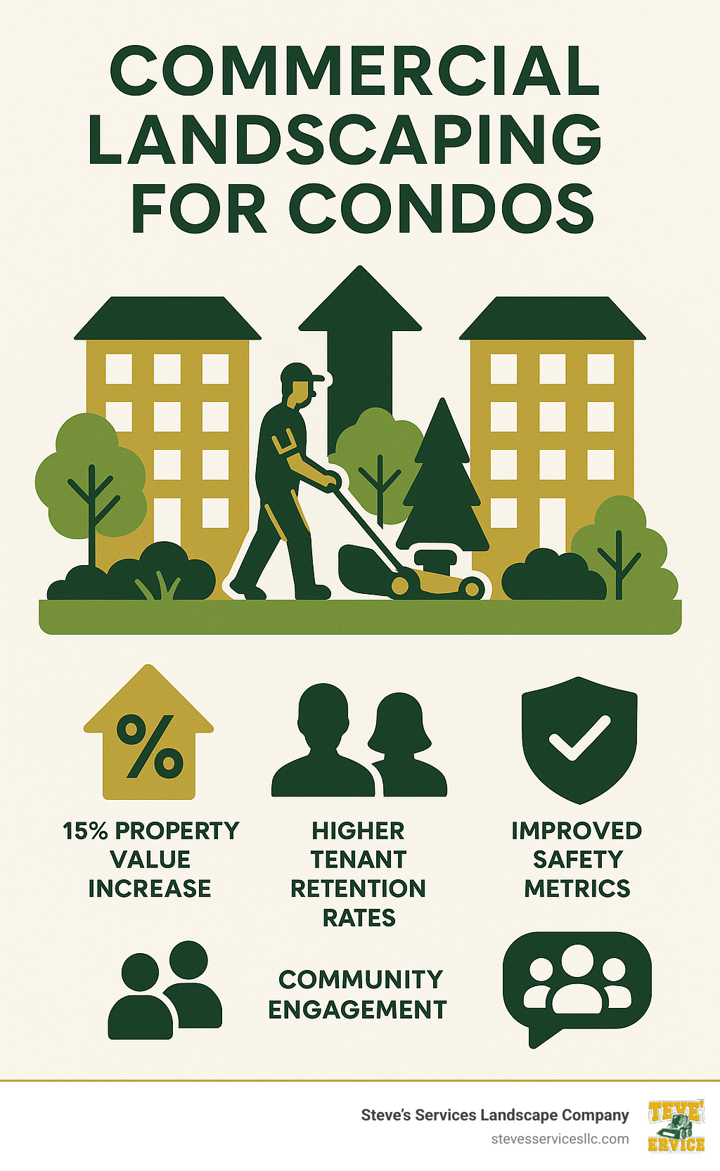 Infographic showing the relationship between professional commercial landscaping for condos and key benefits: 15% property value increase, higher tenant retention rates, improved safety metrics, and community engagement statistics - commercial landscaping for condos infographic 