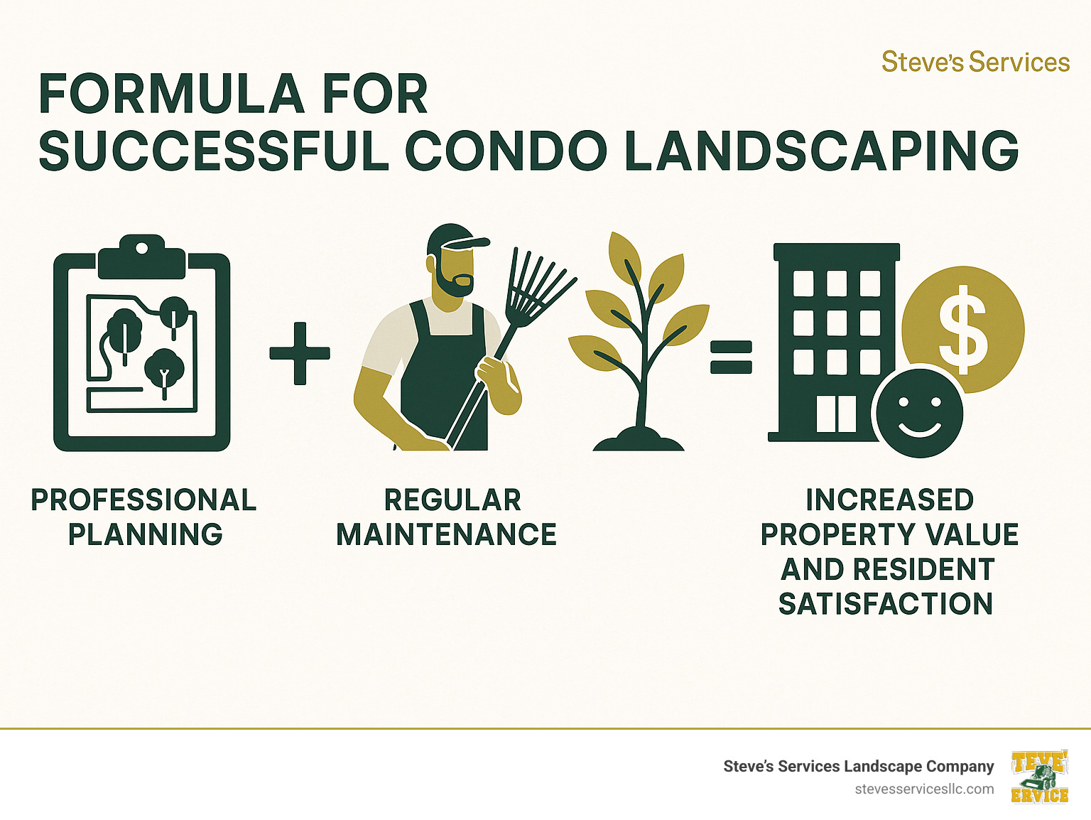 Infographic showing the formula for successful condo landscaping: professional planning + regular maintenance + strategic improvements = increased property value and resident satisfaction - commercial landscaping for condos infographic 