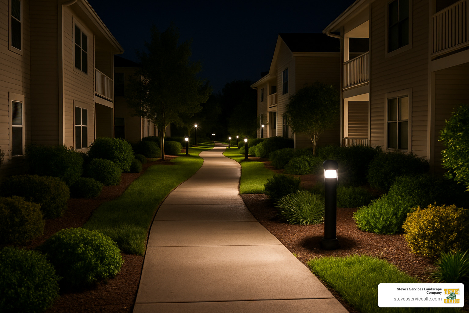 well-lit condo pathway with clear sightlines - commercial landscaping for condos