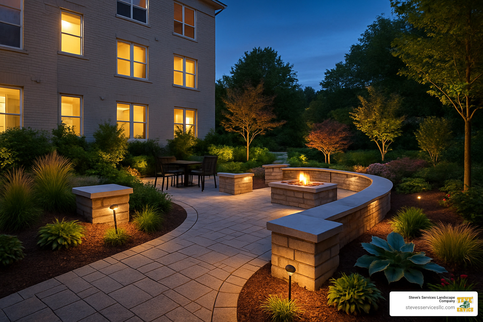 condo hardscape features with seating walls and lighting - commercial landscaping for condos