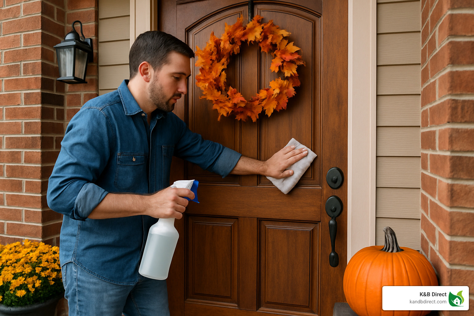 homeowner cleaning and maintaining front door - main entrance door