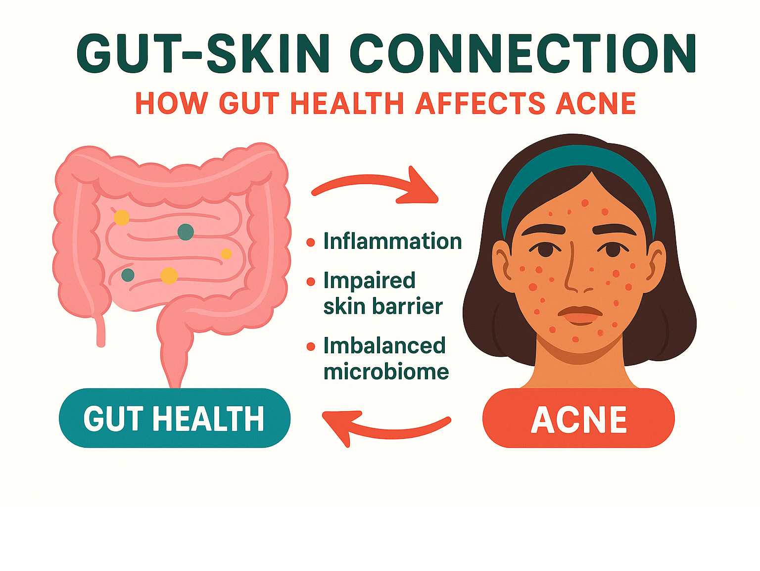 Gut-skin connection infographic showing how gut health affects acne - Vegan skincare for acne infographic 