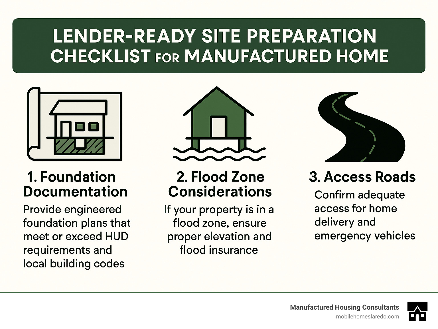 Lender-ready site preparation checklist for manufactured homes - financing a new double wide infographic  Lender-ready site preparation checklist for manufactured homes - financing a new double wide infographic