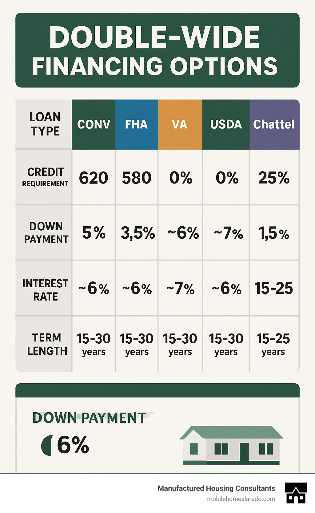 Infographic showing double-wide financing options with loan types, credit requirements, down payment needs, interest rates, and term lengths side by side in comparison format - financing a new double wide infographic  Infographic showing double-wide financing options with loan types, credit requirements, down payment needs, interest rates, and term lengths side by side in comparison format - financing a new double wide infographic