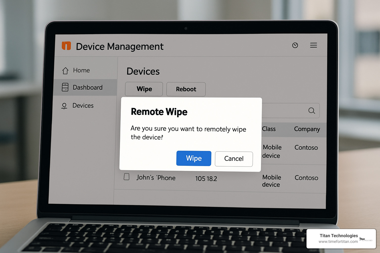 Mobile device management console showing remote wipe confirmation - mobile device management for office 365 nj