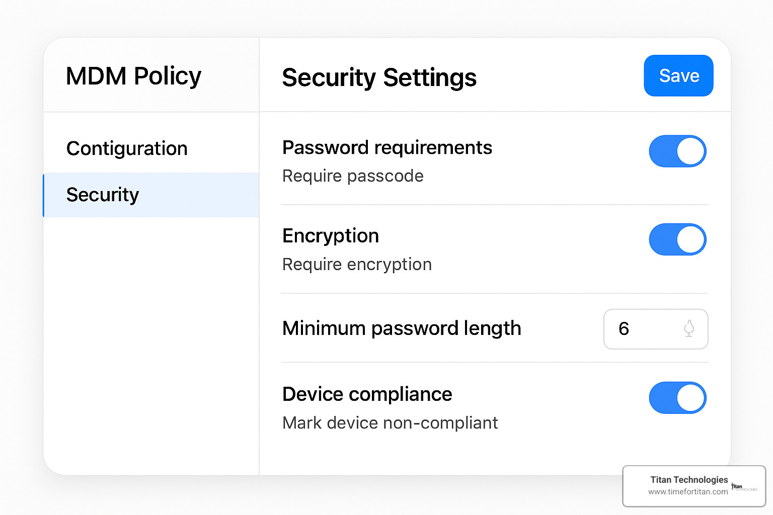 MDM policy configuration dashboard showing security settings - mobile device management for office 365 nj