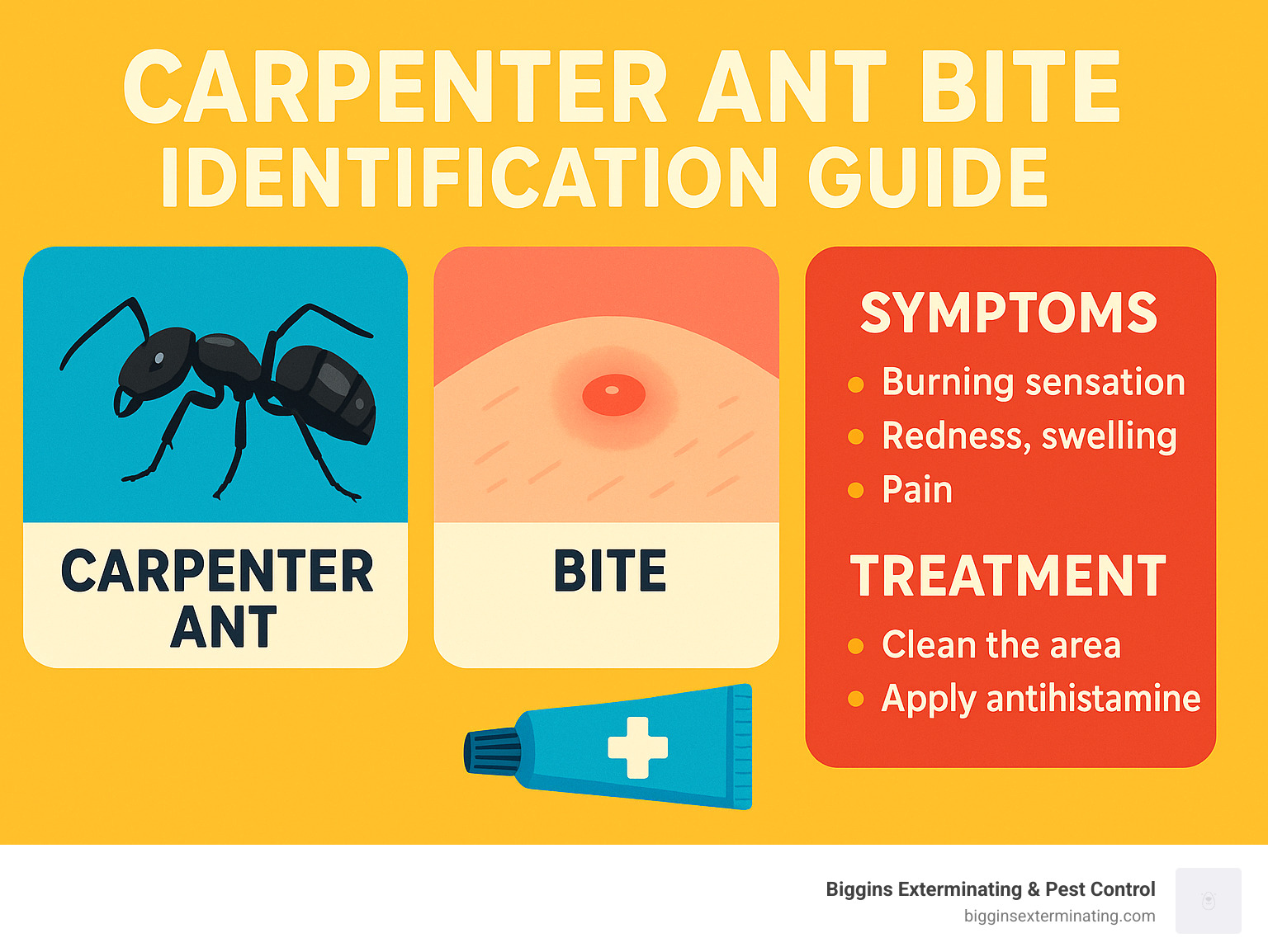 Carpenter Ant Bite Identification Guide showing close-up images of carpenter ants, what their bites look like, symptoms to expect, and basic treatment steps with annotations for each element - do carpenter ants bite infographic 