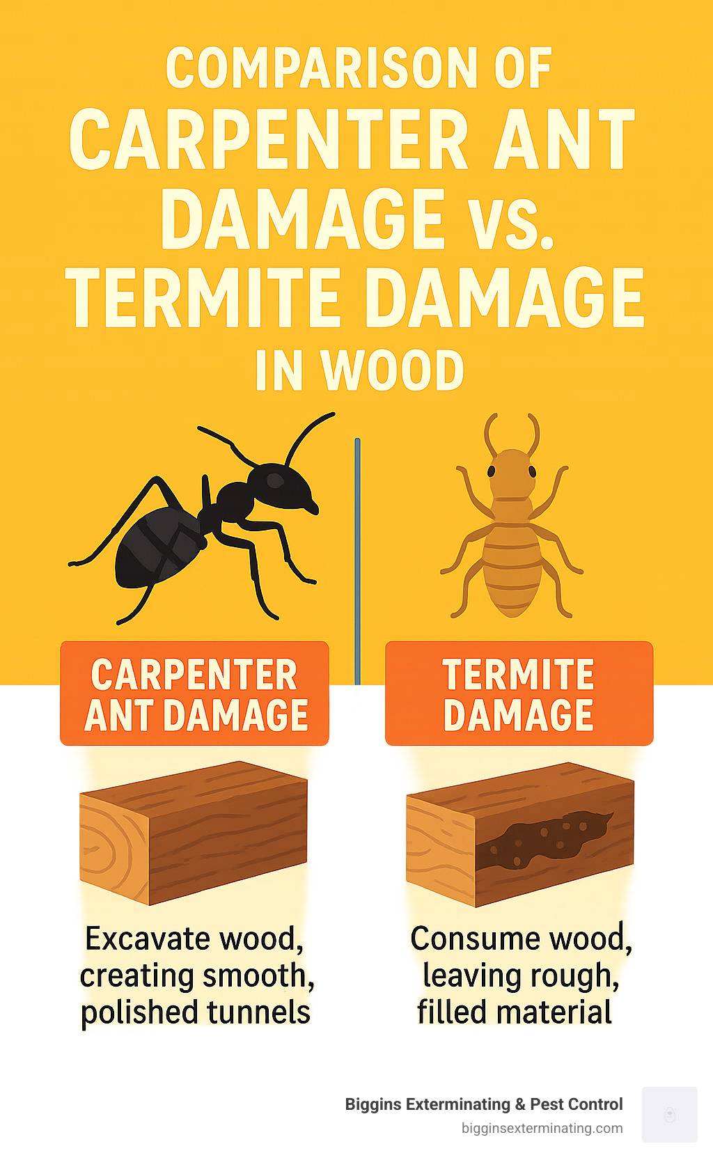 Comparison of carpenter ant damage versus termite damage in wood - do carpenter ants bite infographic 