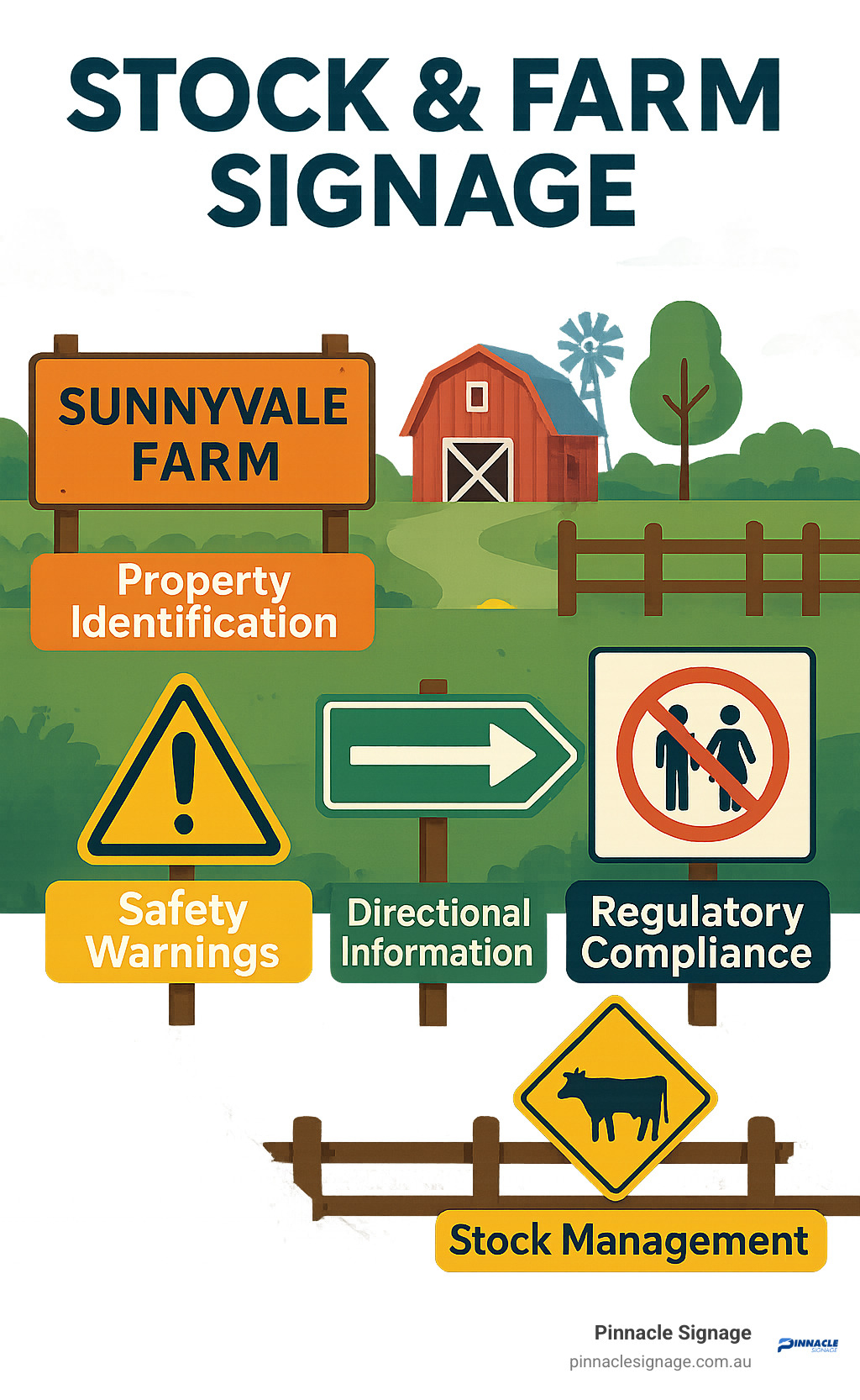 Comprehensive overview of farm signage types showing property identification, safety warnings, directional information, regulatory compliance and stock management signs with their typical placement around a farm property - Stock & Farm Signage infographic 