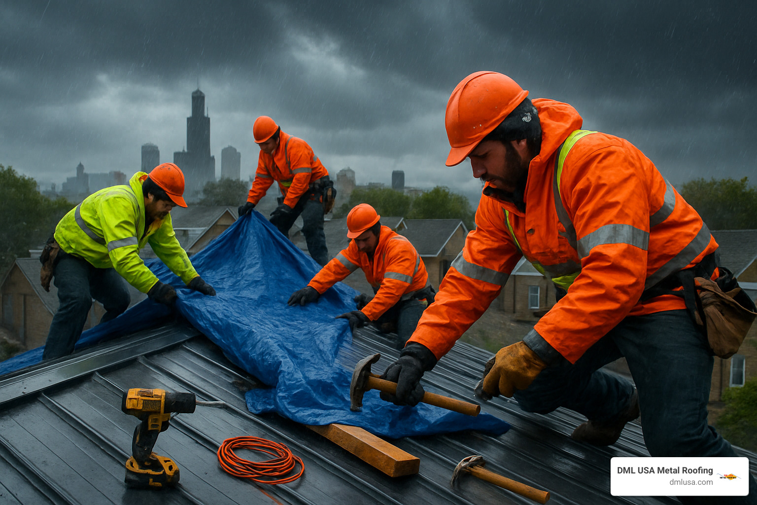 roofing crew working on emergency repair - durable roofing Chicago