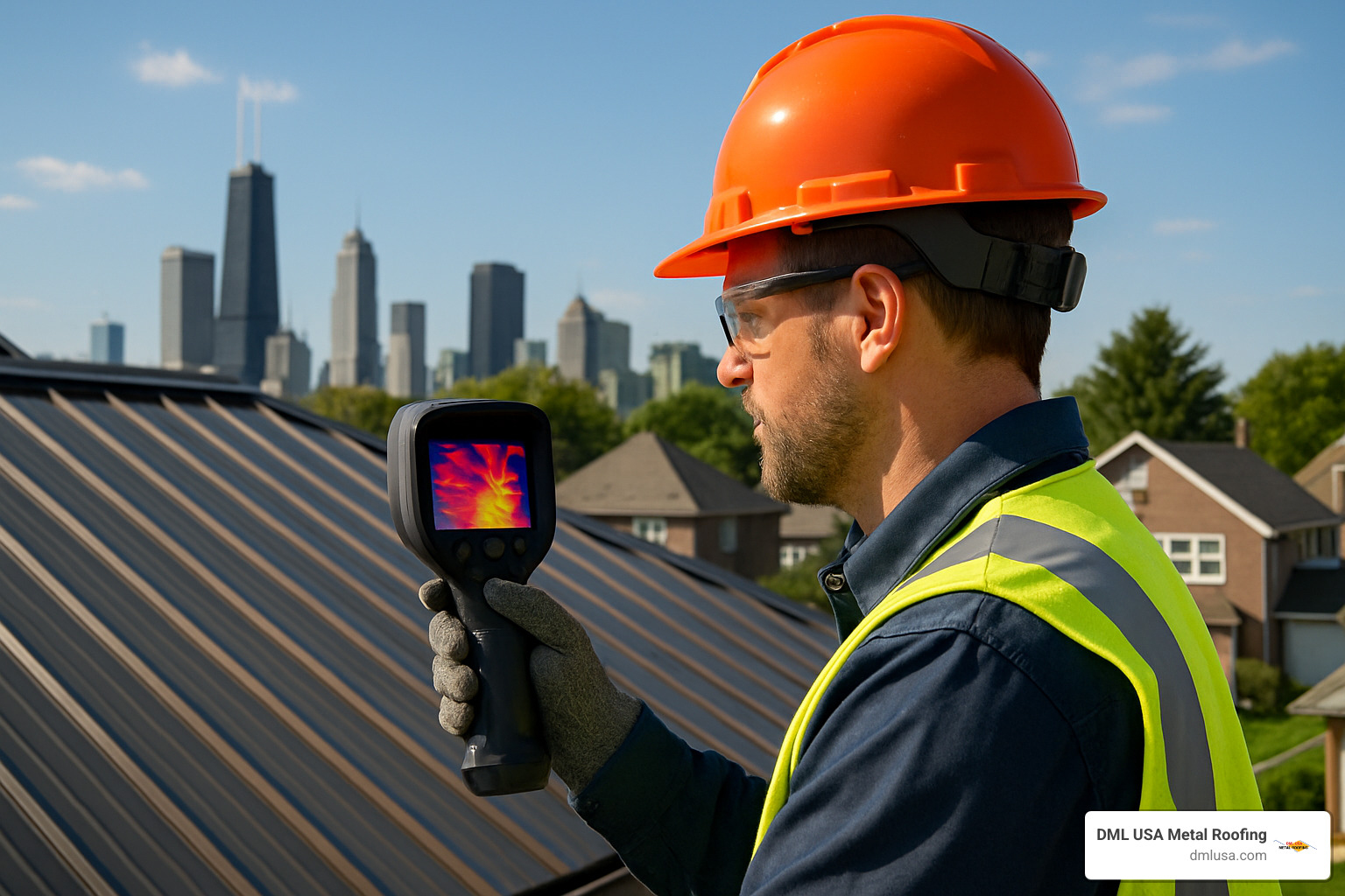 technician using infrared camera for roof inspection - durable roofing Chicago