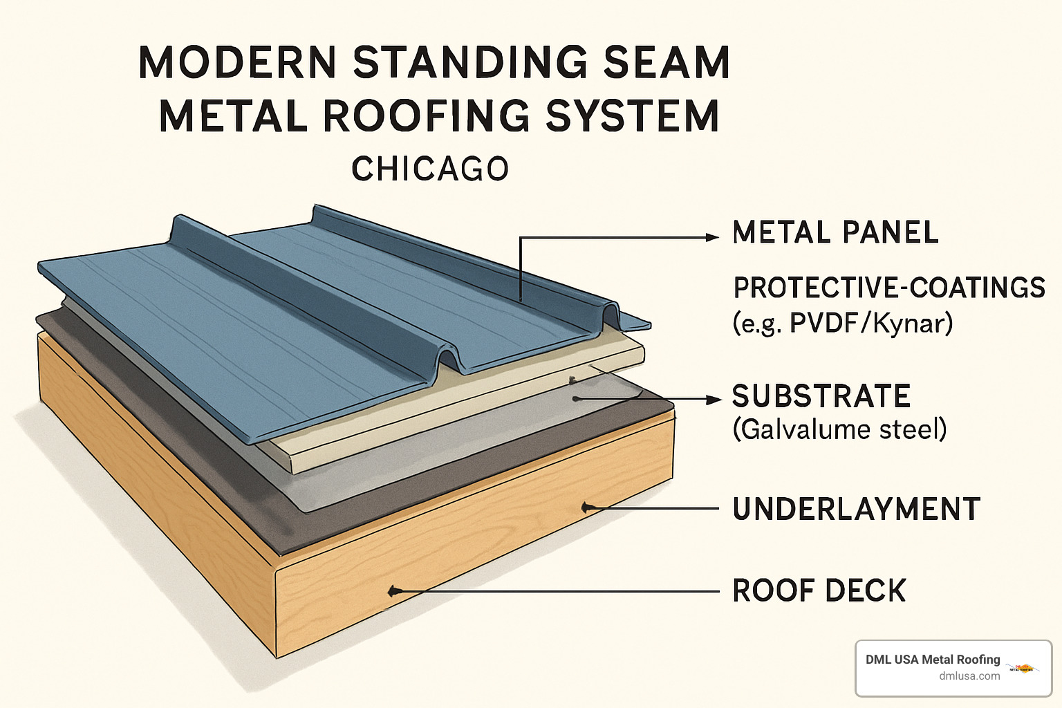 metal roofing material layers and composition - durable roofing Chicago