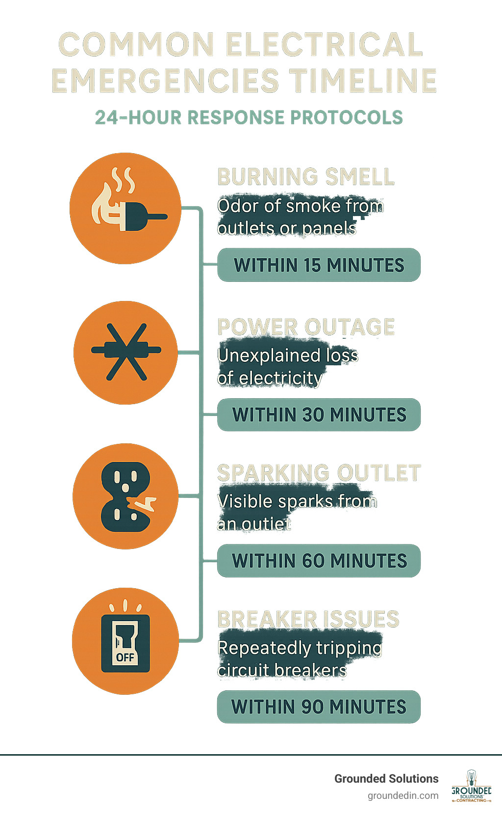 Common electrical emergencies timeline showing response protocols for burning smells, power outages, sparking outlets, and breaker issues with recommended actions and response times - 24 hour emergency electrician infographic 