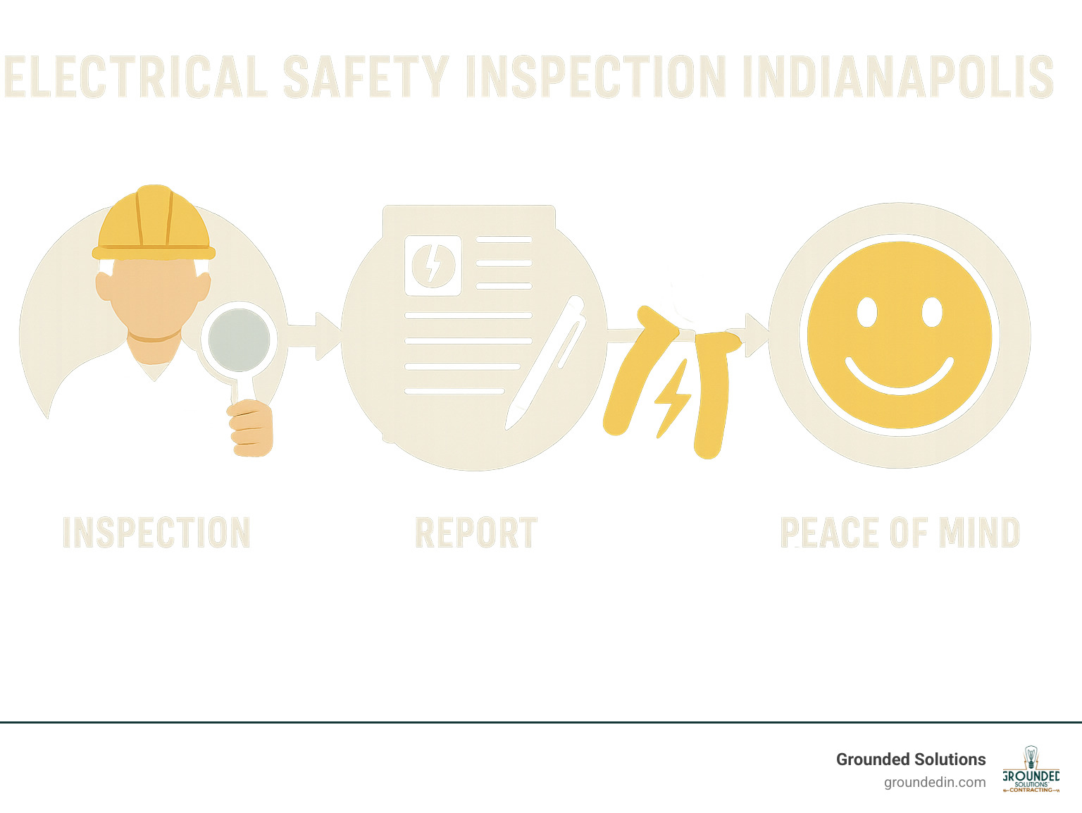 Process flow showing inspection, report, repair, and peace of mind stages of electrical safety maintenance - Electrical Safety Inspection Indianapolis infographic 