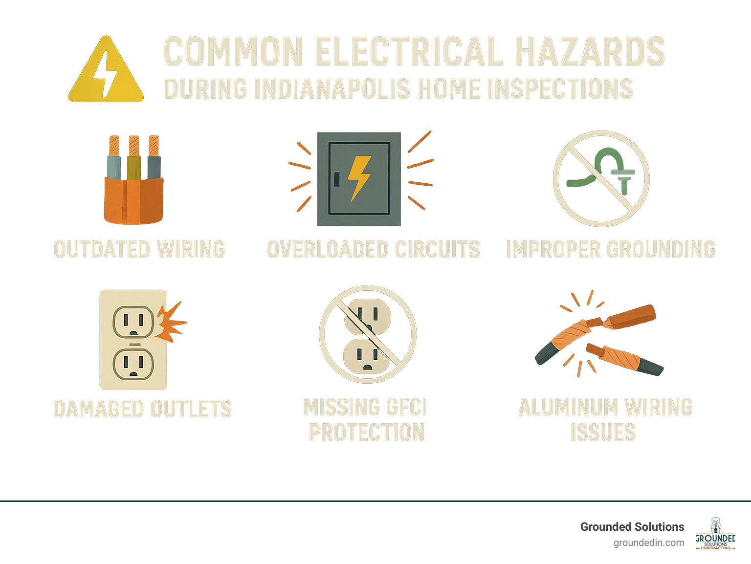 Common electrical hazards found during Indianapolis home inspections, including outdated wiring, overloaded circuits, improper grounding, damaged outlets, missing GFCI protection, and aluminum wiring issues - Electrical Safety Inspection Indianapolis infographic 