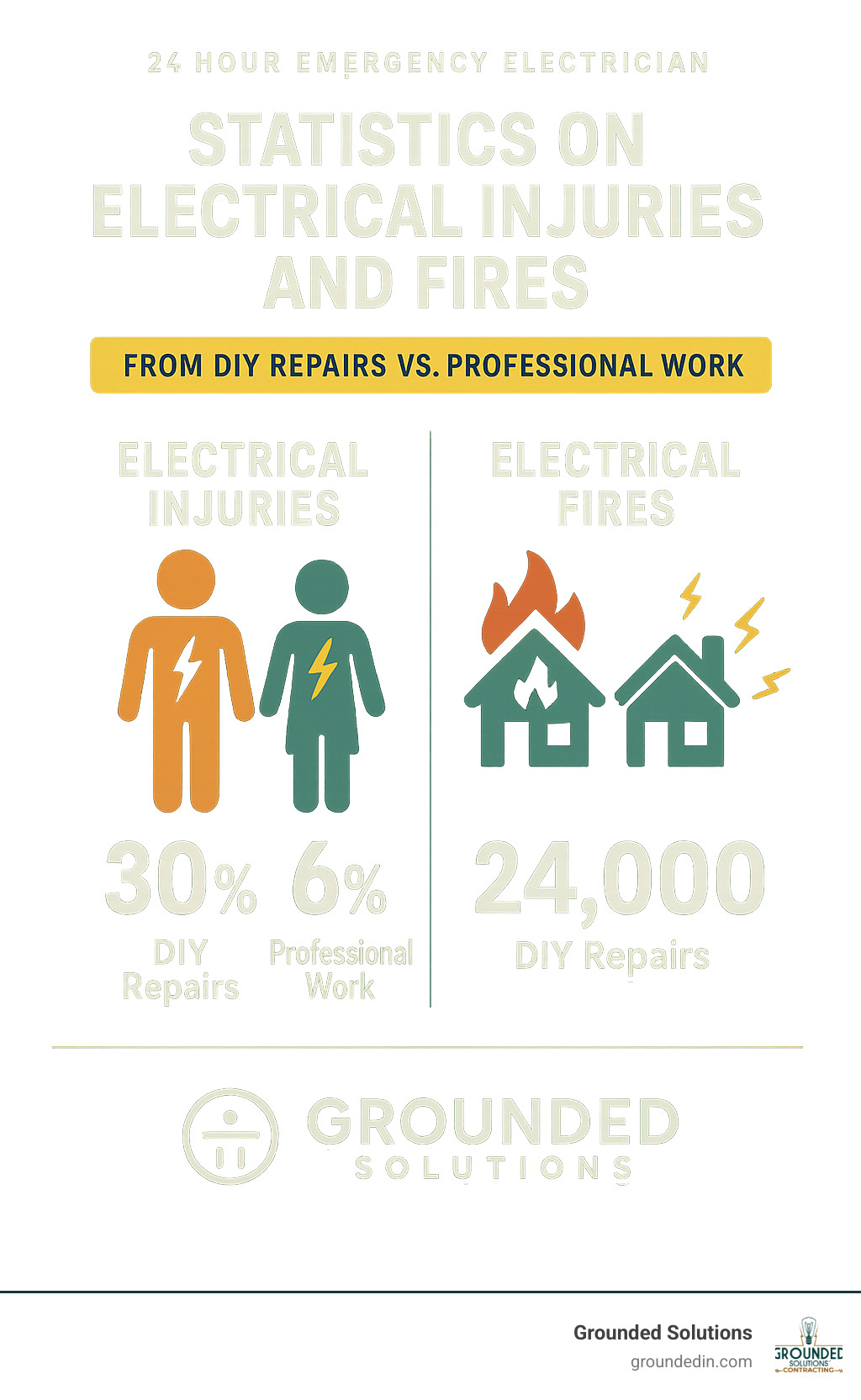 Statistics on electrical injuries and fires from DIY repairs versus professional work - 24 hour emergency electrician infographic 